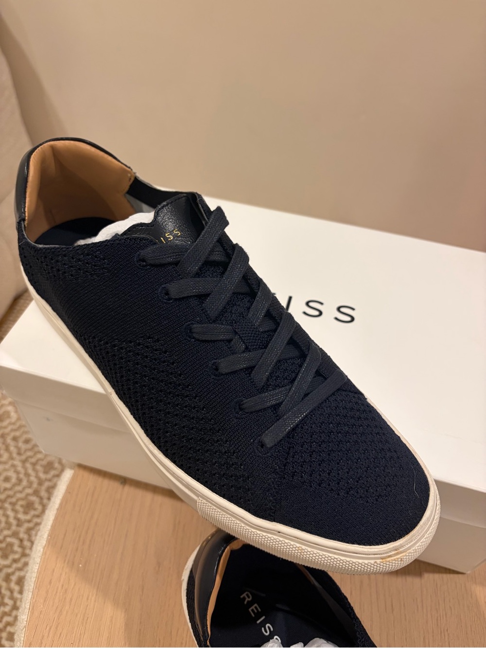 Reiss Men's Navy Knit Low-Top Sneakers with Cream Sole - Picture 3 of 4